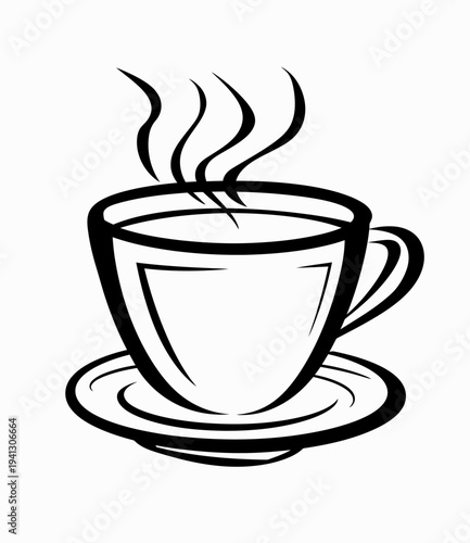 Steaming coffee cup and saucer illustration in black and white style