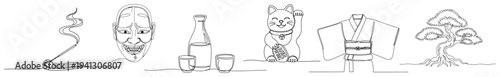 Minimalist continuous line art of traditional Japanese icons including lucky cat Maneki-neko bonsai and sake set