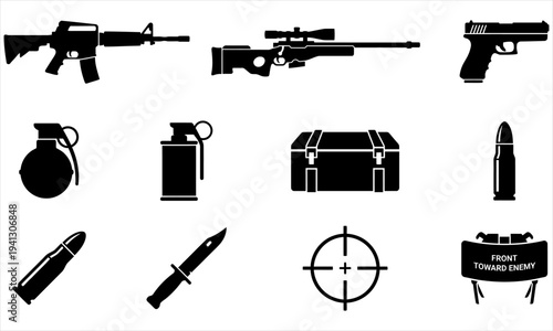 Gun collection set with bullets and target sign isolated on white background