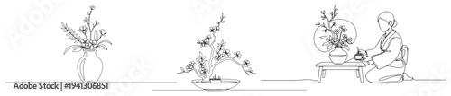 Continuous line drawing of Japanese woman in kimono practicing ikebana flower arrangement and tea ceremony