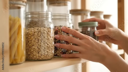 Close-up of hands organizing a home pantry shelf, placing a spice jar next to glass containers filled with dry foods, promoting sustainable storage and healthy living
