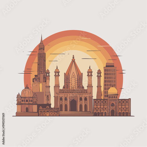 Islamic Architecture Cityscape with Mosque and Minarets at Sunset.