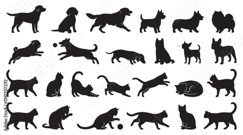 Dogs and Cats Silhouettes in Various Poses and Actions in Black on White Background for Pet Illustration