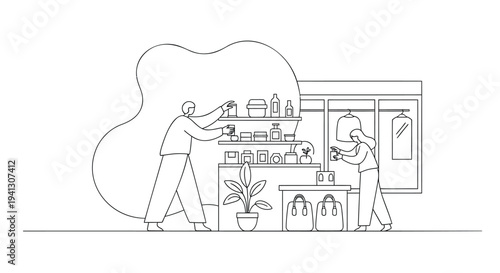 Vector illustration of people in a modern kitchen with appliances and plants