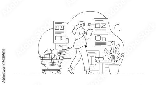 Vector illustration of woman shopping online with smartphone and cart