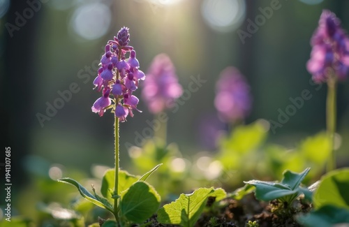 Violet purple Corydalis cava flowers bloom in forest sunlight. Small herbaceous plants grow in green foliage with soft bokeh background. Early spring nature scene.