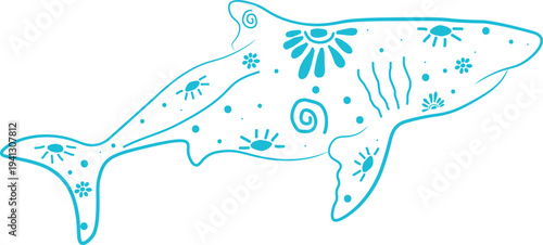 Decorative Stylized Whale Line Art with Floral and Ocean Pattern Elements