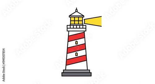 Illustrated lighthouse with red and white stripes shining bright light vector
