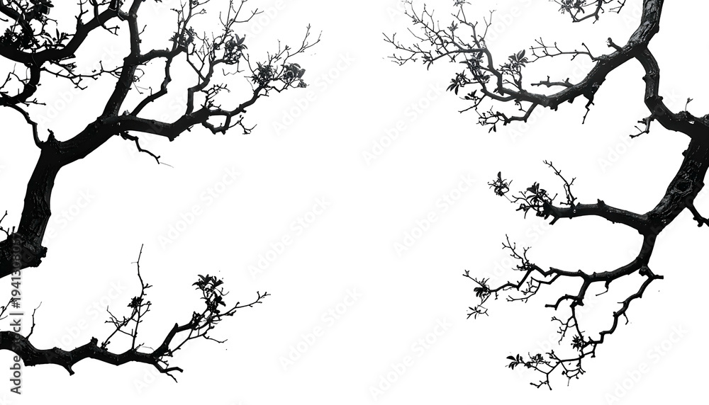 Obraz premium Silhouette of tree branches framing empty black void, suggesting night or darkness
