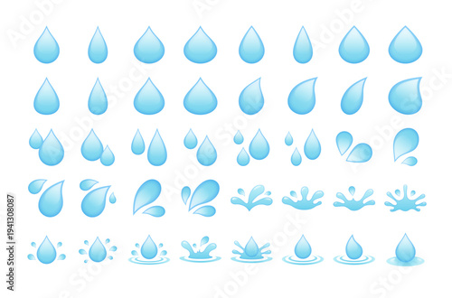 リアルな水滴・汗のベクターアイコンセット｜しずく・スプラッシュ・波紋コレクション（グラデーション）