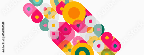 Abstract colorful circles, rectangles overlap white background. Modern design, playful composition, vibrant hues present.