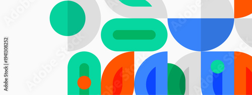 Abstract geometric shapes overlap, creating colorful composition. Blue, green, orange hues dominate design. Minimalist style.