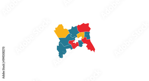 Abstract map illustration depicting regions with color coded sections