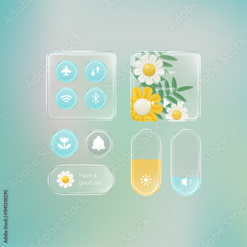 Set of glassmorphism buttons with flower. Modern ui ux element with transparent buttons. Realistic glassmorphism style for web application design.