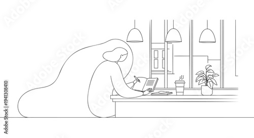 Vector illustration of woman working on laptop in modern office