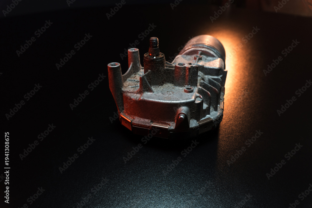 Naklejka premium old car wiper motor for windshield cleaning, repair at the service, shooting in a dark room, red light illumination