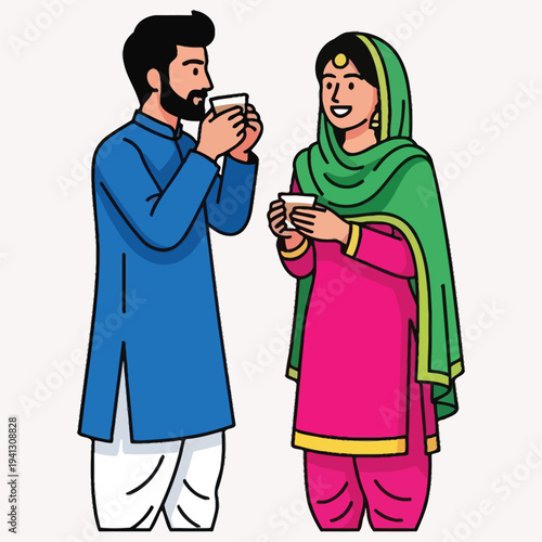 Pakistani couple drinking chai, traditional tea, casual conversation, cultural experience, social interaction