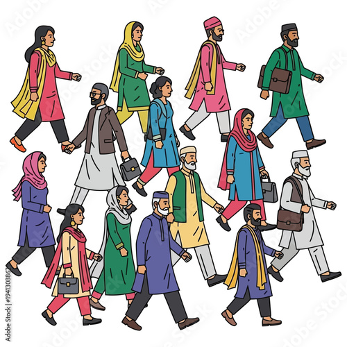 Diverse group of Pakistani people in traditional clothing walking together, illustration