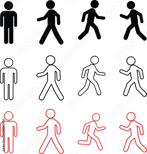 A set of human stick figure icons showing standing walking and running movements in different styles.