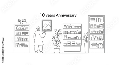 Vector illustration of a person in a store with shelves and plants, 10 years anniversary