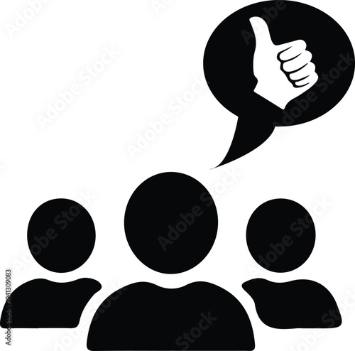 Black and white icon of three people with a speech bubble showing a thumbs up gesture