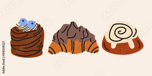 Delicious sweet pastry stickers collection in cartoon doodle style. Hand drawn croissant, cinnamon roll and chocolate muffin. Vector illustration