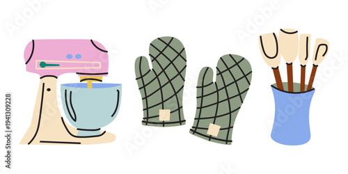 Kitchen bakery tools and equipment elements set. Stand mixer and cooking utensils in cartoon style. Vector illustration isolated