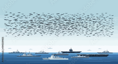 A large modern naval fleet cruises the ocean, under a vast formation of military aircraft, showcasing combined air and sea defense power