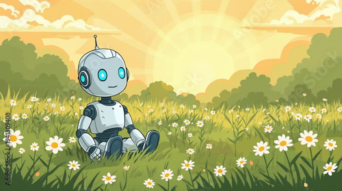 illustration of robot with glowing blue eyes sits peacefully in a sunlit meadow filled with wildflowers