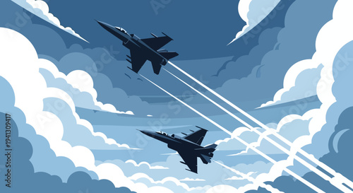 Pixel art illustration of two fighter jets flying dynamically through a dramatic cloudy blue sky, leaving white contrails, symbolizing speed and aerial power
