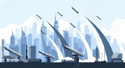 Illustrations of missile launches over a city skyline, depicting a scene of urban warfare and national defense against a backdrop of skyscrapers