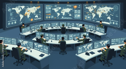 Global surveillance command center with interconnected digital world maps and numerous monitors displaying data, an advanced operations room