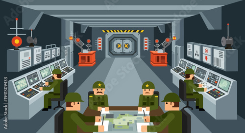 Military command center interior with officers at consoles and table, strategic planning in a high-tech bunker environment