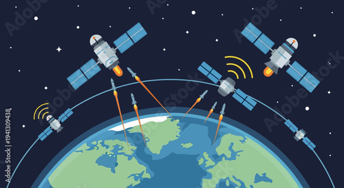 High-tech orbital defense system illustration with advanced communication satellites and anti-satellite rockets protecting Earth's vital space infrastructure