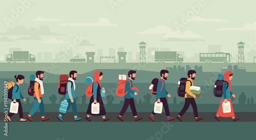 Vector illustration of a diverse group embarking on a challenging migration journey, symbolizing displacement, resilience, and the search for security and new beginnings