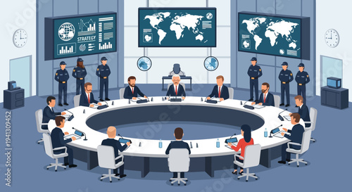 Influential leaders convene a high-level strategic meeting in a secure, modern command center, fostering global decision-making and important policy discussions