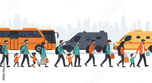 Diverse people, including families and children, walking with luggage alongside city transport vehicles, illustrating a journey of migration and urban movement