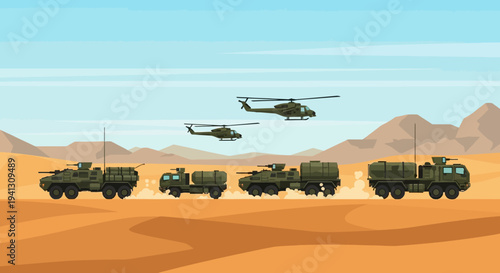 Military convoy of trucks and helicopters moving through a desert landscape under a clear sky
