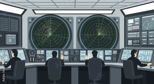 Control room operators diligently conduct advanced system monitoring and real-time surveillance on multiple radar screens, ensuring critical operations