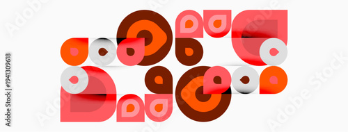 Abstract geometric shapes, circles, squares, red hues dominate composition. Modern design, playful arrangement, simple forms.