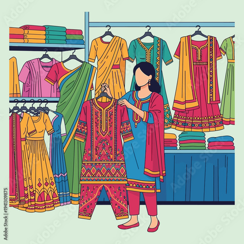 Woman shopping for traditional ethnic clothing in indian boutique with colorful sarees and salwar kameez