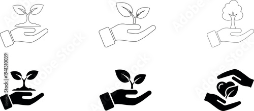 Ecology outline icon of hand holding sprout and heart silhouette vector illustration isolated on transparent background