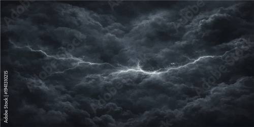 A dark blue cloudscape captures a dramatic lightning storm timelapse as bright flashes illuminate the stormy black sky and nature's textured hurricane wind