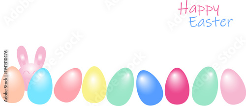 Happy Easter horizontal banner with colorful eggs and bunny silhouette, PNG available