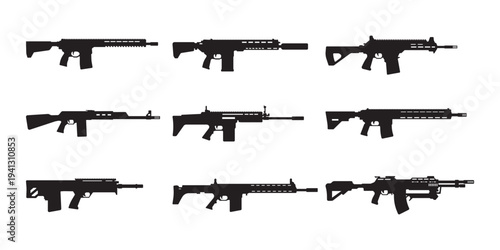 Collection of Vector Silhouettes of Rifles and Firearms Showing Modern Tactical Weapons and Assault Weapons
