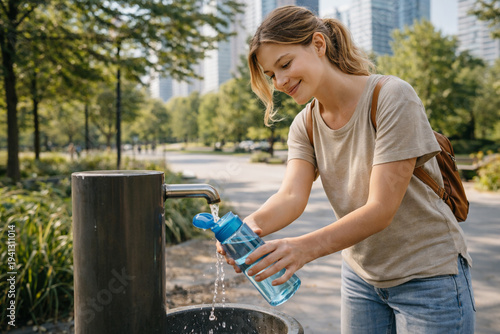 Woman refilling reusable bottle with drinking water at public fountain in city park. Concept of sustainability, hydration and access to clean water for World Water Day.