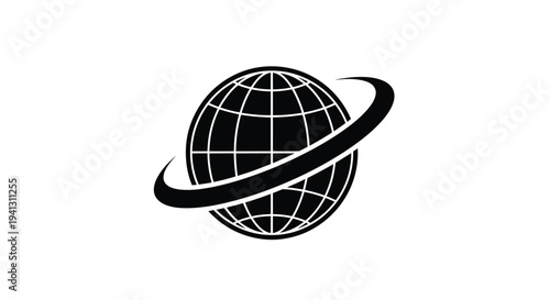 Black silhouette of earth with orbiting ring on a white background