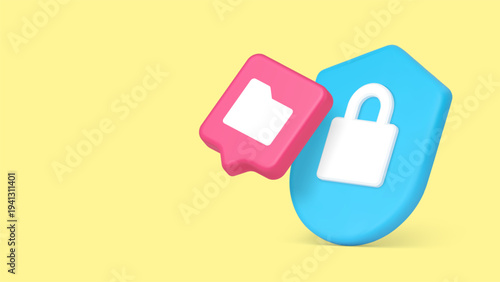 Minimalist 3d banner template with cartoon shield, lock, and folder icons. Vector illustration for data protection, cybersecurity, and privacy. Modern design for web, confidential services, and apps