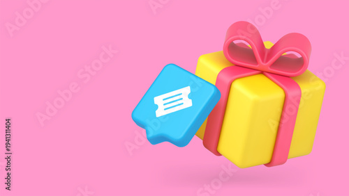 Minimalist 3d banner template with a cartoon gift box and ticket icon. Vector illustration for promotions, loyalty programs, and special offers. Modern design for web, ads, and marketing