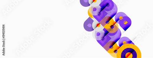 Abstract graphic design features colorful text elements. Purple, orange, yellow hues dominate white background. Modern, playful composition.